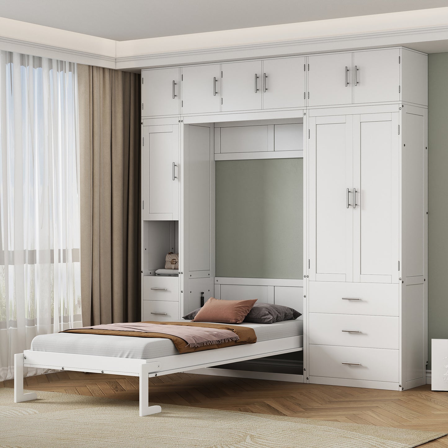 Twin Size Murphy Bed with Lockers and Wardrobes, With installation video, White