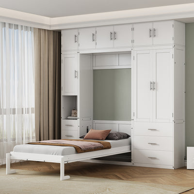 Twin Size Murphy Bed with Lockers and Wardrobes, With installation video, White