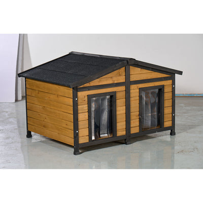 Large Outdoor Wooden Dog House with Dual Doors, Waterproof Asphalt Roof & Lift-Up Top, Fir Wood Dog Shelter for Medium to Large Dogs (Black & Natural Finish)