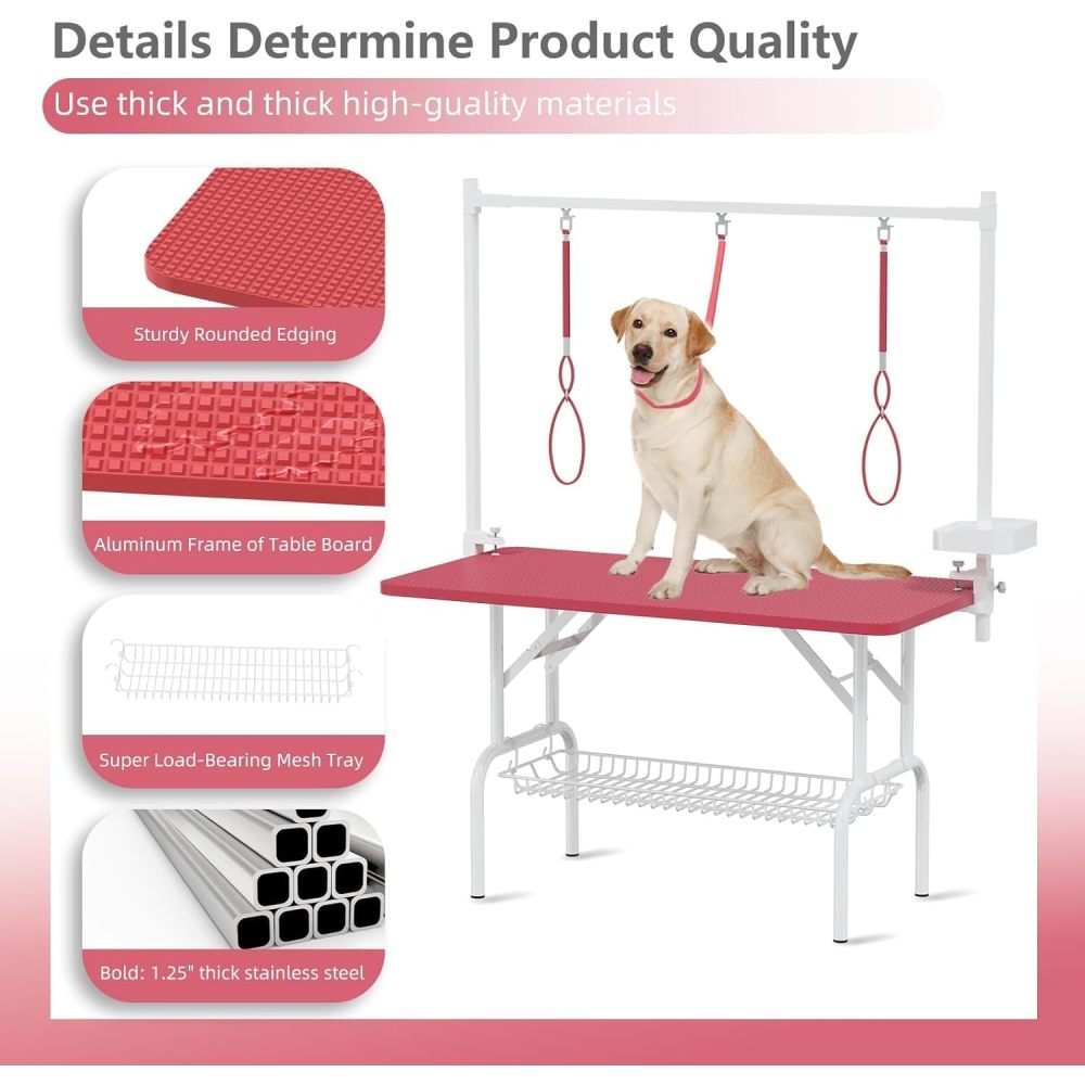 47''Large Dog Grooming Table, Foldable Pet Station at Home, Dog Grooming Table,Adjustable Cat Drying Desktop with Arms, Nooses, Mesh Tray (47Inch Pet Grooming Table Pink)