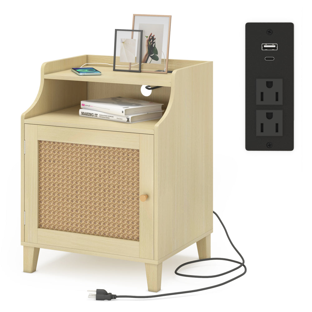 SunJet Farmhouse Nightstand with Charging Station Bedside Table with Rattan Door&Adjustable Shelf, Wood Couch Side Table End Table for Bedroom, Natural Oak