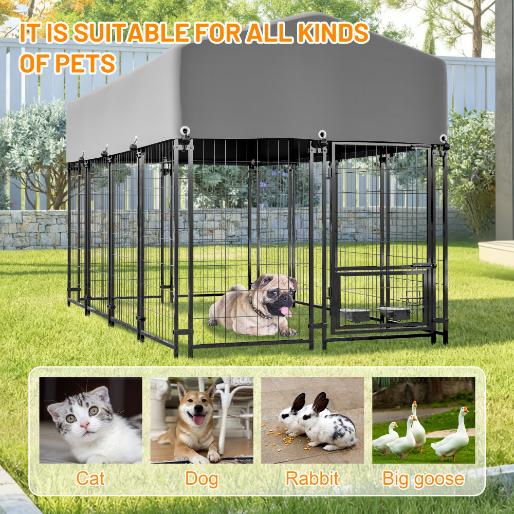 Dog Kennel Outdoor with Roof, 4.23'x7.81'x4.83' Welded Wire Enclosure, Heavy Duty Dog Crate with UV-Resistant Waterproof Cover, Double Lock & Rotating Feeder for Medium/Large Dogs