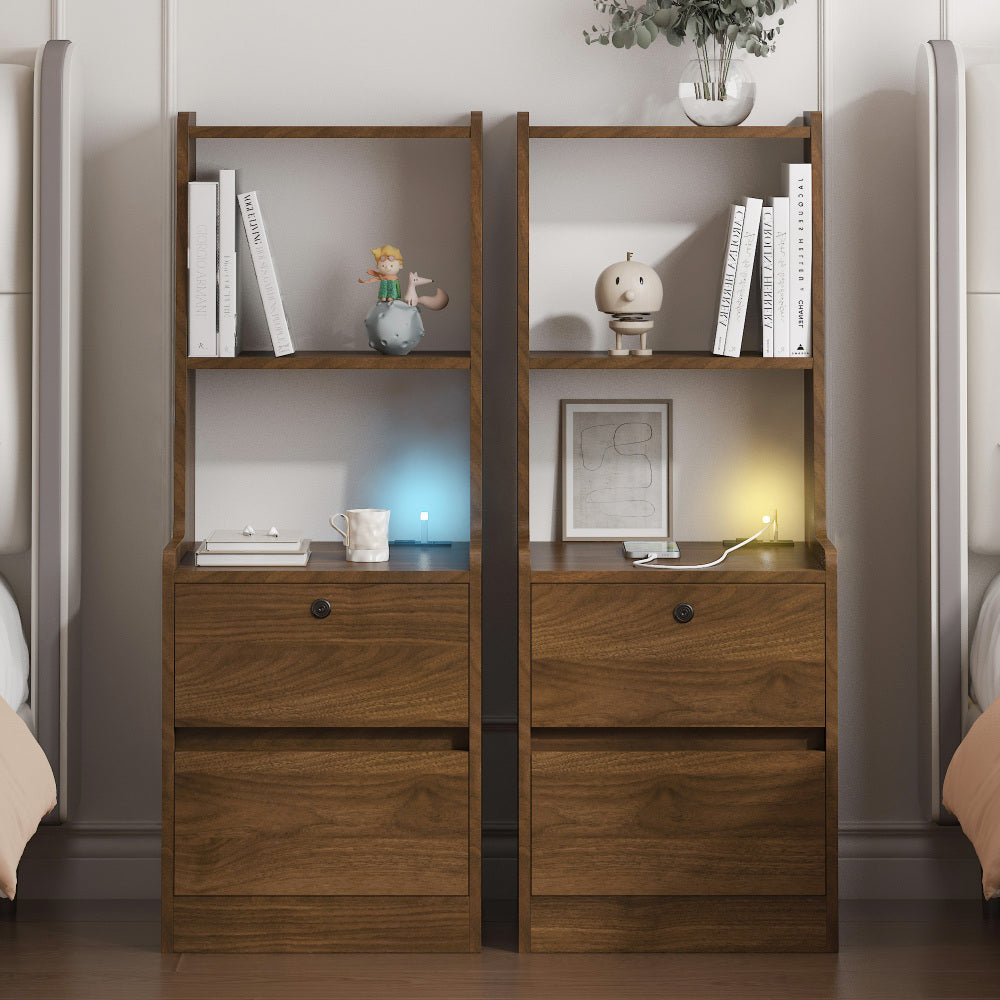 SunJet Nightstand with Charging Station, Smart Nightstand with Night Light, Modern Night Stand with Bookshelf, Bedside Tables with Storage Cabinet for Bedroom, Wood