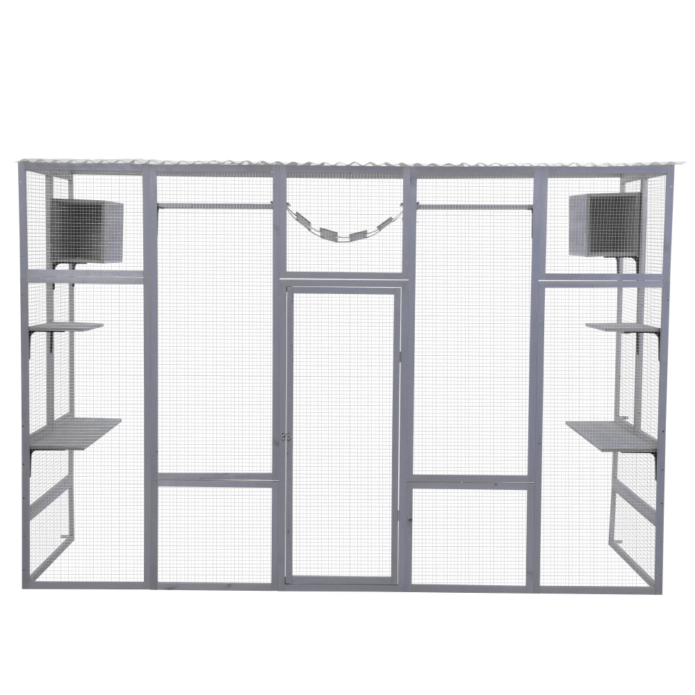 Wooden Cat Enclosure with 6 Jumping Platforms, 2 Cat Condos, Cat Bridge and Scratching Board, Gray