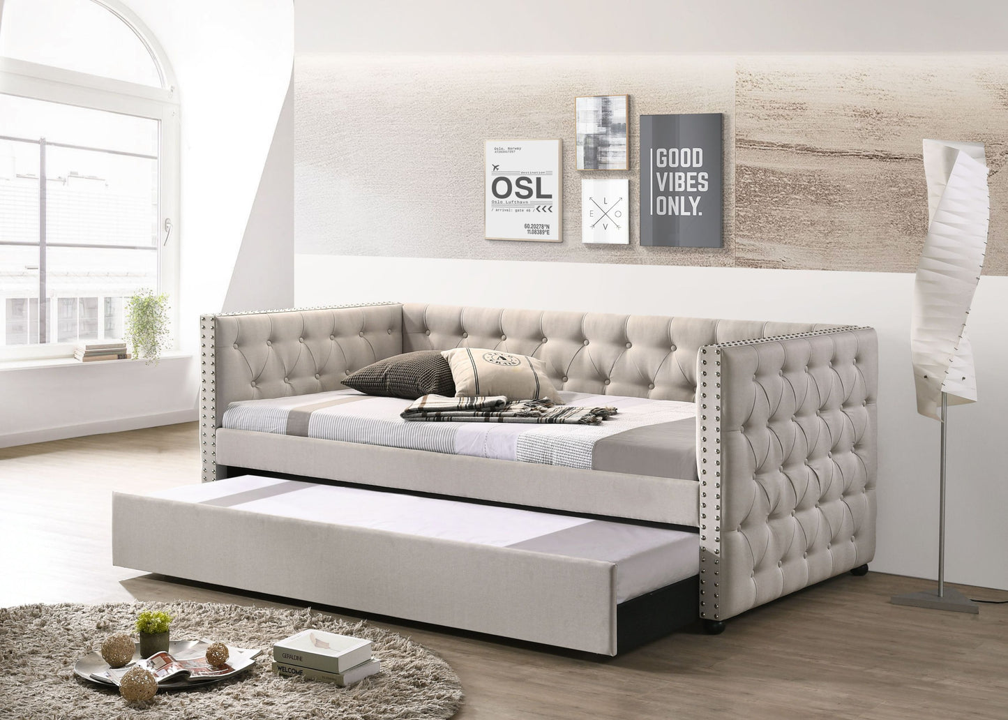 Romona Beige Fabric Daybed W/Trundle (Overall Full)
