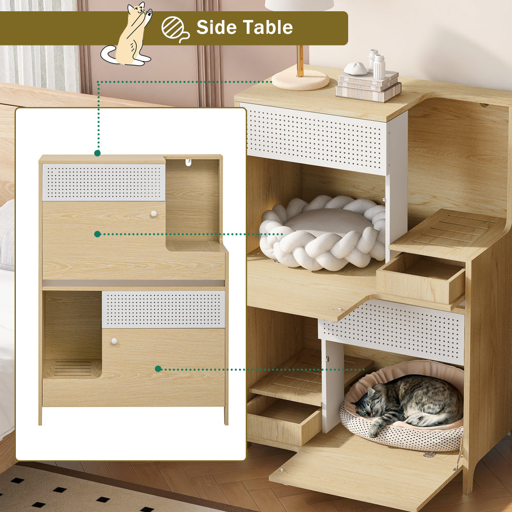 Modern 2 IN 1 Cat Furniture, Cat Litter Box Enclosure Side Table, Cat House with Storage, for 2 Small-Medium Sized Cats