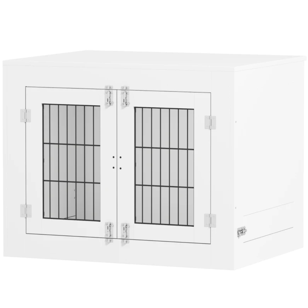 Dog Crate Furniture with 360° Rotatable Removable Dog Bowls, White