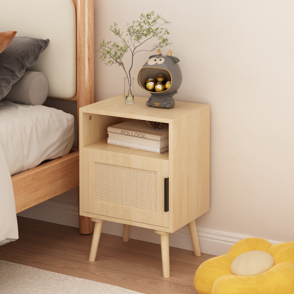 SunJet  22.83'' H Rattan Nightstand, Side Table with Door Open Shelf,  Accent Bedside End Table with Solid Wood Legs for Bedroom, Dorm and Small Spaces, Oak