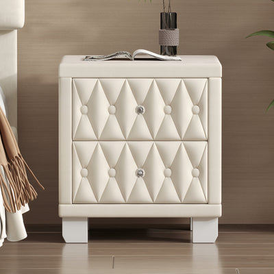 SunJet  Elegant Velvet Nightstand with 2 Drawers and Crystal Handle, Storage Bedside Table with Button-Tufted, Beige