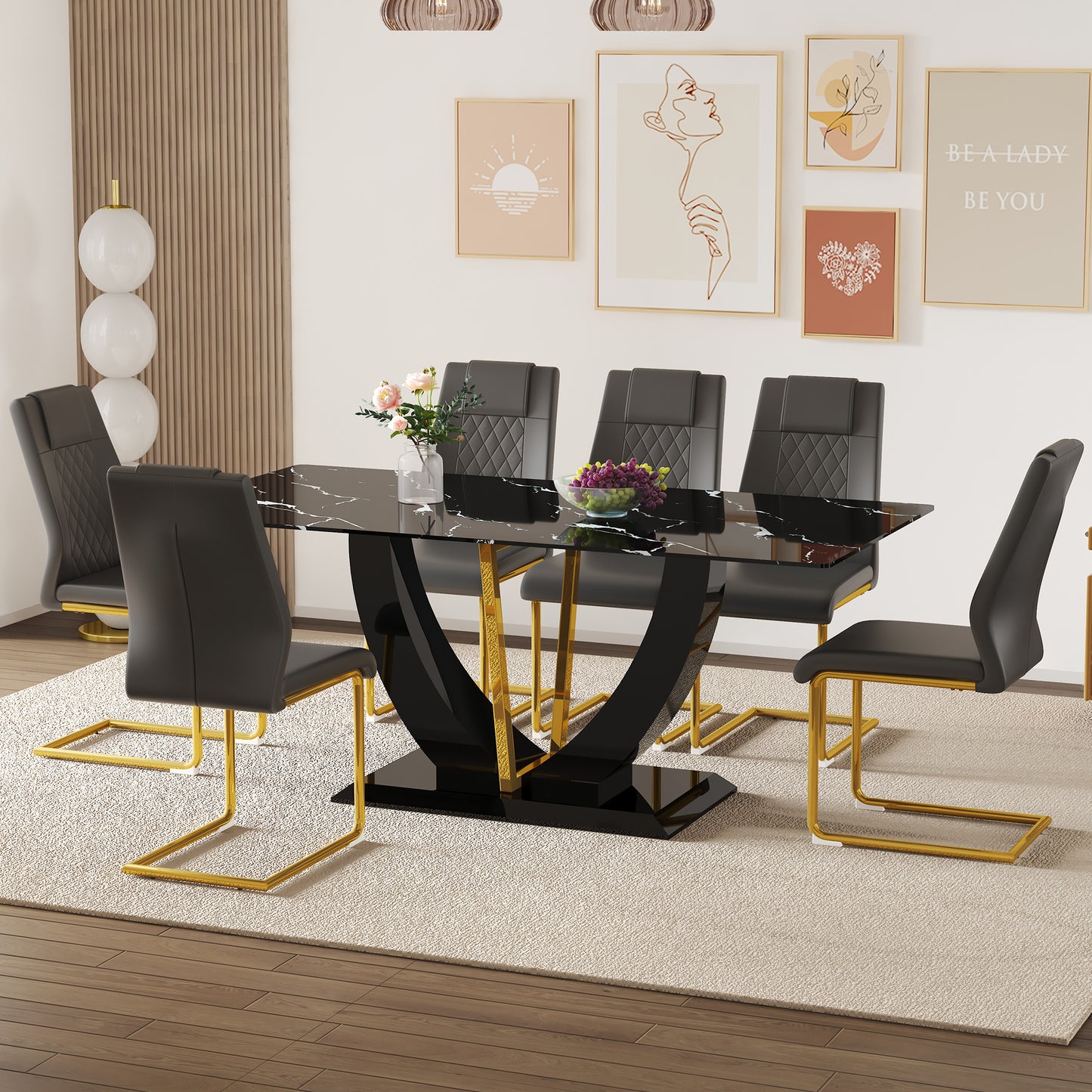 Black Marble Pattern Tempered Glass Dining Set - 71'x35.4' with 6 Black High-quality PU Chairs With Golden Arched Metal Legs.Offering ample space for family meals and festive gatherings.