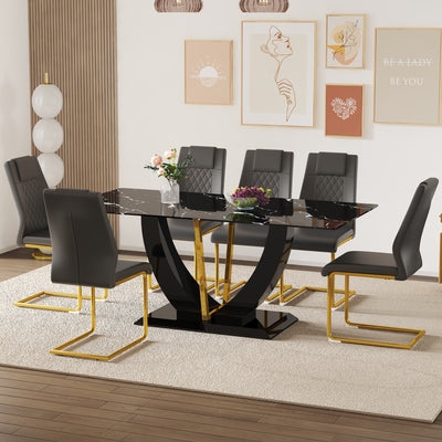 Black Marble Pattern Tempered Glass Dining Set - 71'x35.4' with 6 Black High-quality PU Chairs With Golden Arched Metal Legs.Offering ample space for family meals and festive gatherings.
