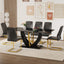 Black Marble Pattern Tempered Glass Dining Set - 71'x35.4' with 6 Black High-quality PU Chairs With Golden Arched Metal Legs.Offering ample space for family meals and festive gatherings.