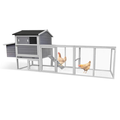 large main house, Gray Wooden Chicken Coop, Large Outdoor Hen House with Run and Nesting Box Poultry Cage, Rabbit Hutch, Waterproof Anti-UV Panel for Backyard