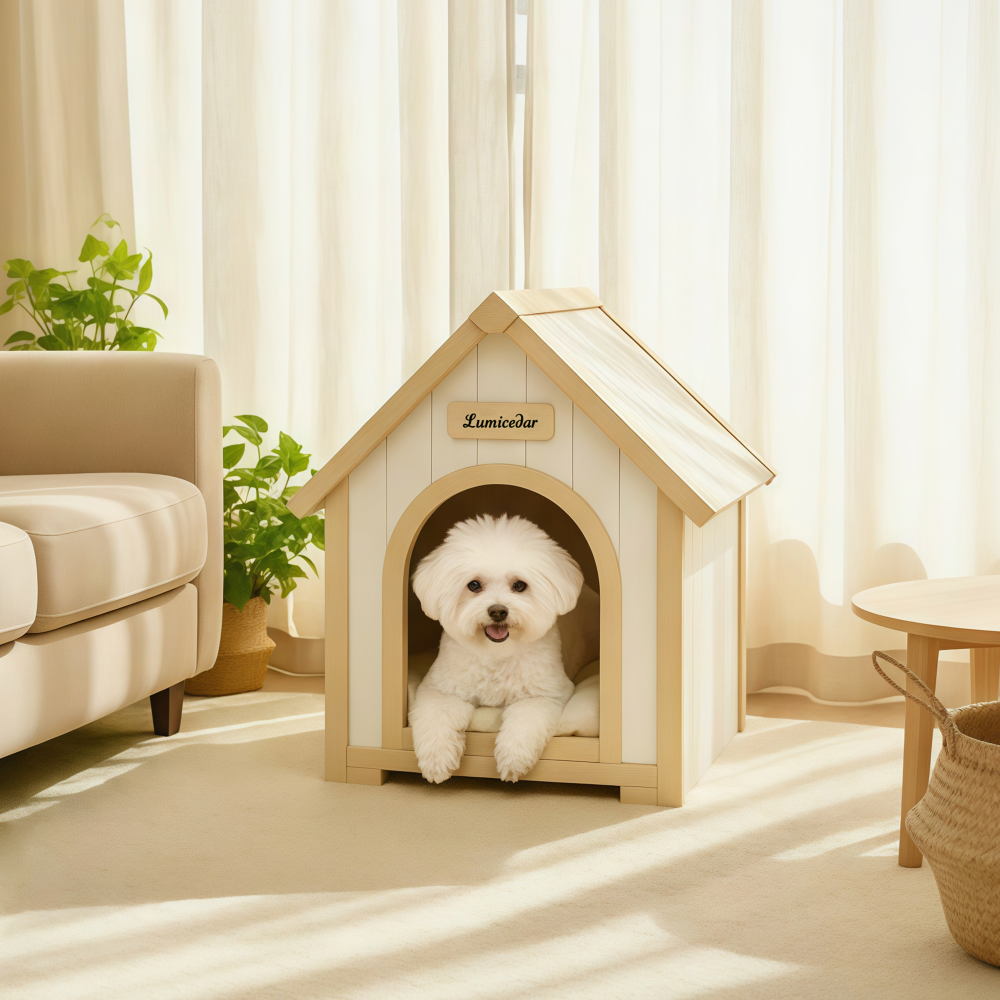 FSC Solid Cedar Pet House – Cream Yellow Cabin Style Indoor Shelter for Small Dogs & Cats