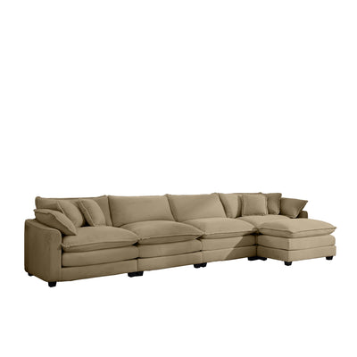 Modern Upholstered Corduroy Sofa with Footstool - 4 Seater, Tan, Comfortable Living Room Furniture with Arm and Throw Pillows