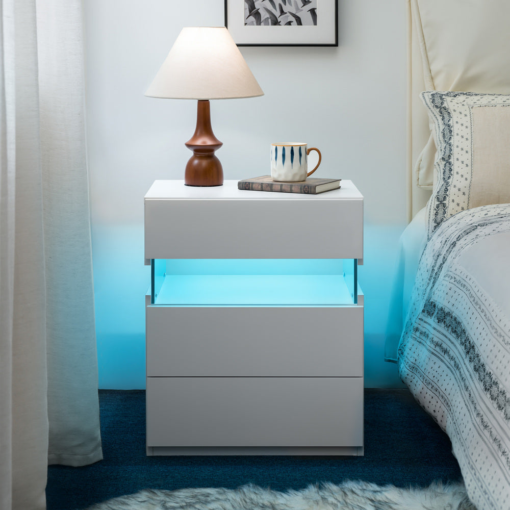 SunJet LED Nightstands 3 Drawer Dresser for Bedroom End Table with Acrylic Board LED Bedside Tables for Bedroom Living Room Bedside Furniture (White)