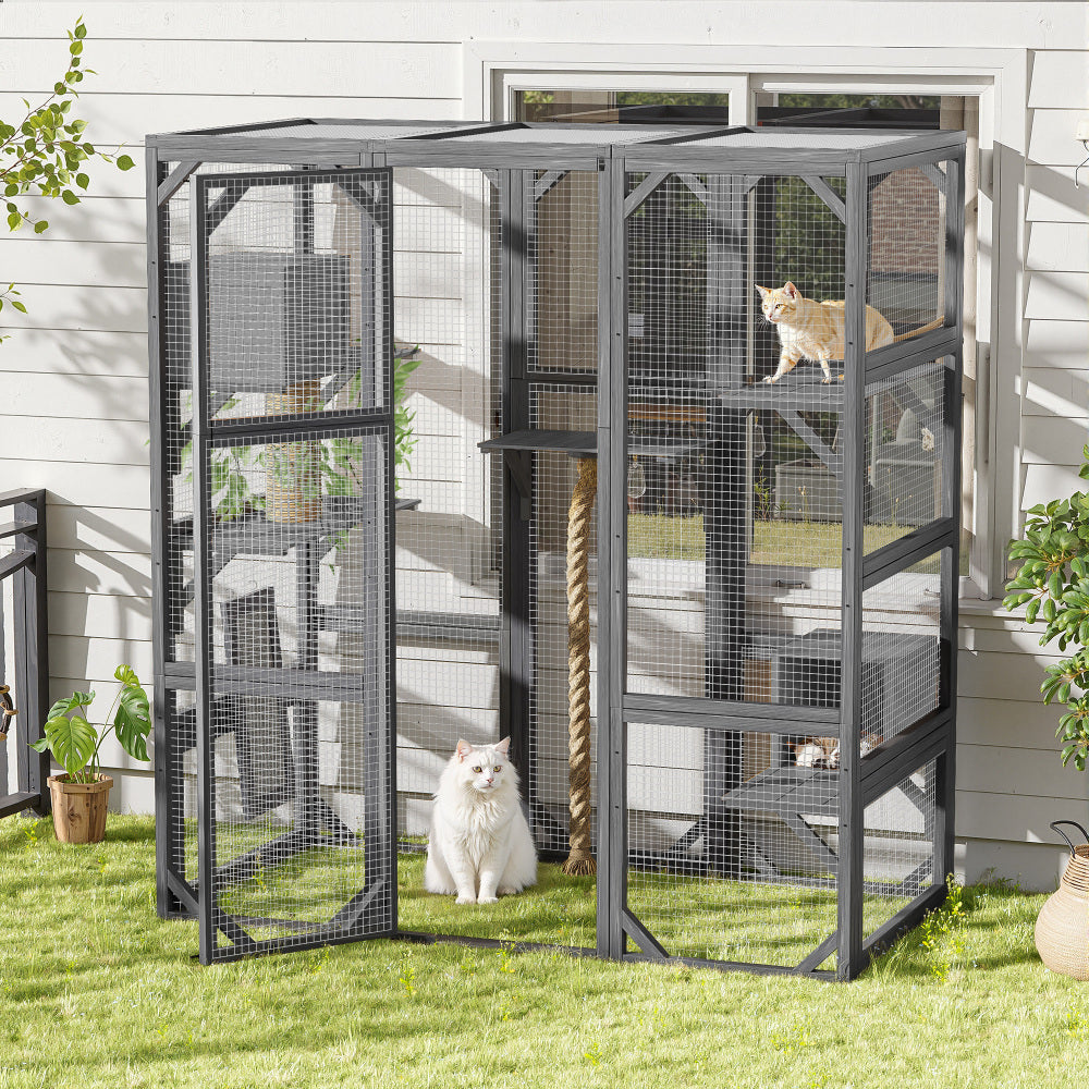 Outdoor Cat House, DIY Cat Enclosure, Cat Catio with Double Enter Doors, 62.8"L x 32.2"W x68.5"H Balcony Cat Playpen with Platforms and Two Condos for 1-3 Cats, Light Grey