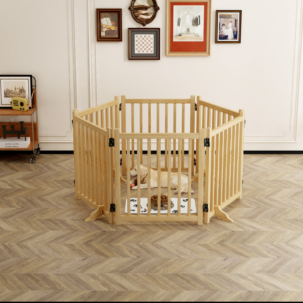 (6 Panel) Wooden Freestanding Dog Gates for The House,Dog Gates for Doorways, Stairs,Wood Dog Fences Indoor Pet Gate,Step Over Fence - 6 Panel 31"H