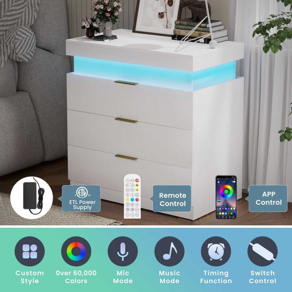 SunJet Nightstand with Charging Station and LED Lights,Night Stand with Sliding Top for Bedroom,Bedside Table with Drawers,Modern End Side Table,White.28.8''W x 17''D x 30.5''H.