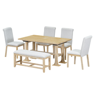 TOPMAX Farmhouse 76inch 6-Piece Extendable Dining Table Set with Trestle Base, Upholstered Chairs & Bench, Natural Wood and Light Gray Fabric