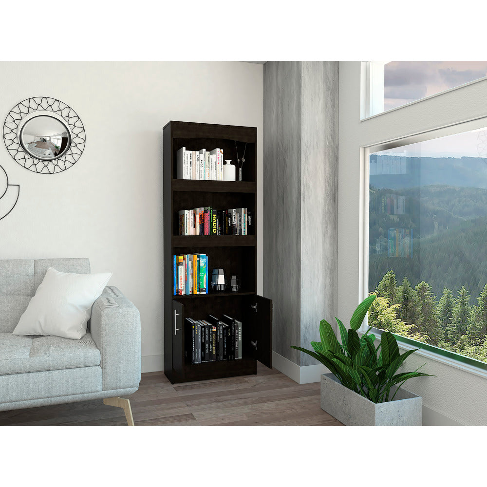 Simma Bookcase, Metal Hardware, Three Shelves, Double Door Cabinet -Black