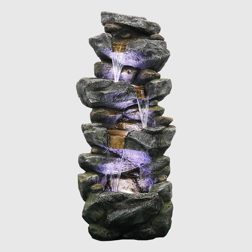 4-Tiered Rock Outdoor Fountain with White LED Lights