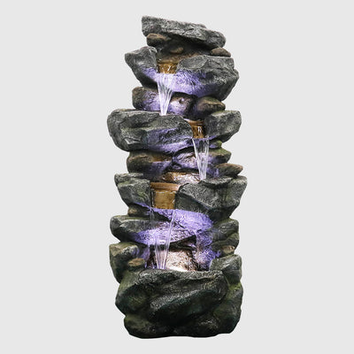 4-Tiered Rock Outdoor Fountain with White LED Lights