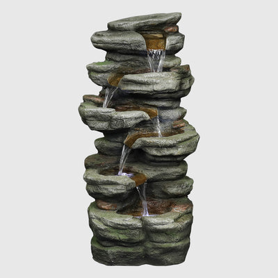 30.7"H- Tiered  Rock Garden Outdoor Fountain with White LED Lights