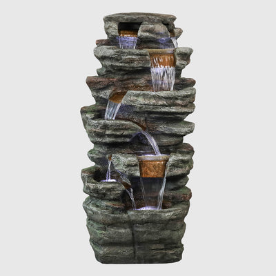 48" H 7-Tiered Stacked Shale Outdoor Fountain with LED Lights