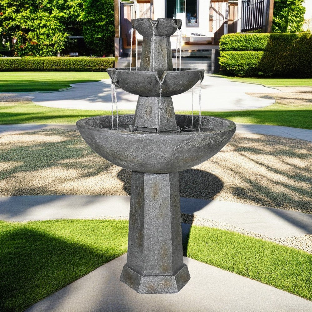 3-Tiered Cement Grey Outdoor Garden Fountain-43.3"H