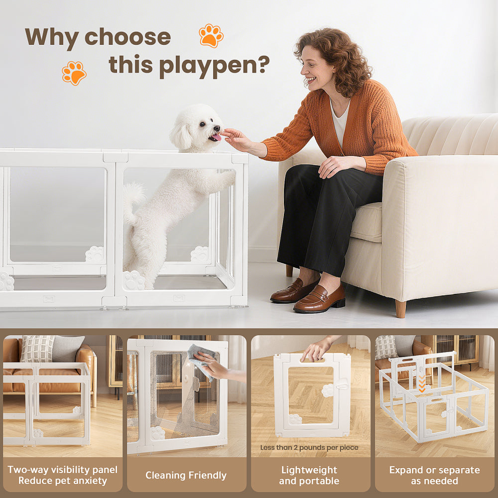 Expandable 10PCS Dog Playpen for Indoors, Modular Puppy Play Pen with Lockable Door, Chew-Proof Transparent Panels & Waterproof Base. Perfect for Small Animals, Puppy Training or Multi-Pet Homes