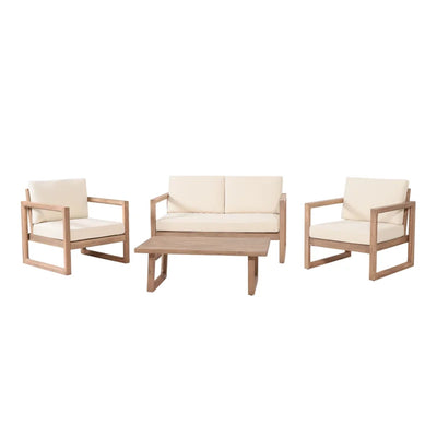 4-Pieces Acacia Wood Patio Furniture Set, Outdoor Furniture with Coffee Table, Patio Conversation Set Deep Seating with Soft Cushion, Porch Chairs for Backyard Porch Balcony, Brown Wash, Beige