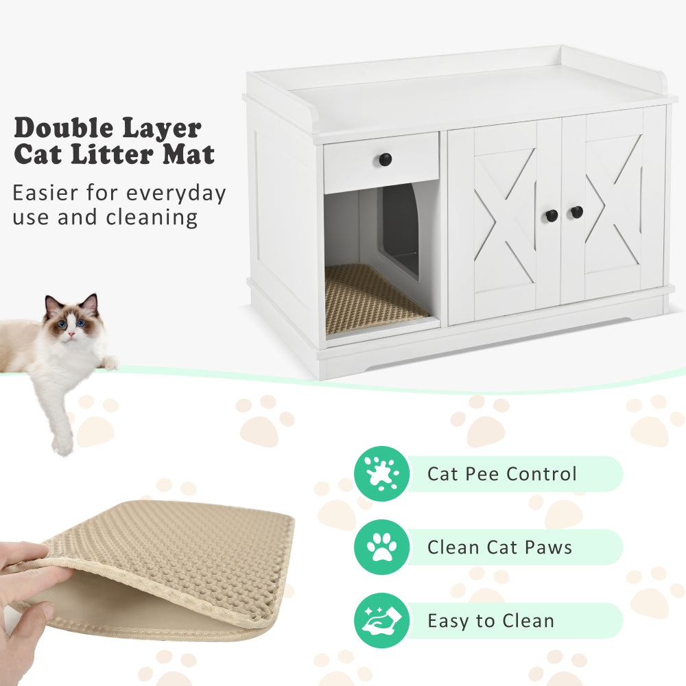 GO Cat Litter Box Enclosure, Litter Box Furniture Hidden with Cat Litter Mat, Indoor Cat House with Storage Drawer Side Table, Farmhouse Style Cat Box Cabinet for Living Room, White