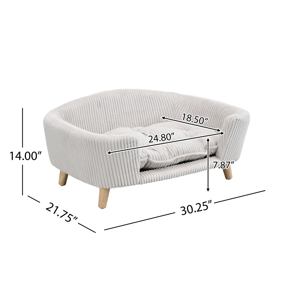 Elevated Dog Bed Frame for Small Dog, Corduroy Pet Couch Bed with Rubber Wood Legs and Supportive Foam, Beige, Easy Assembly