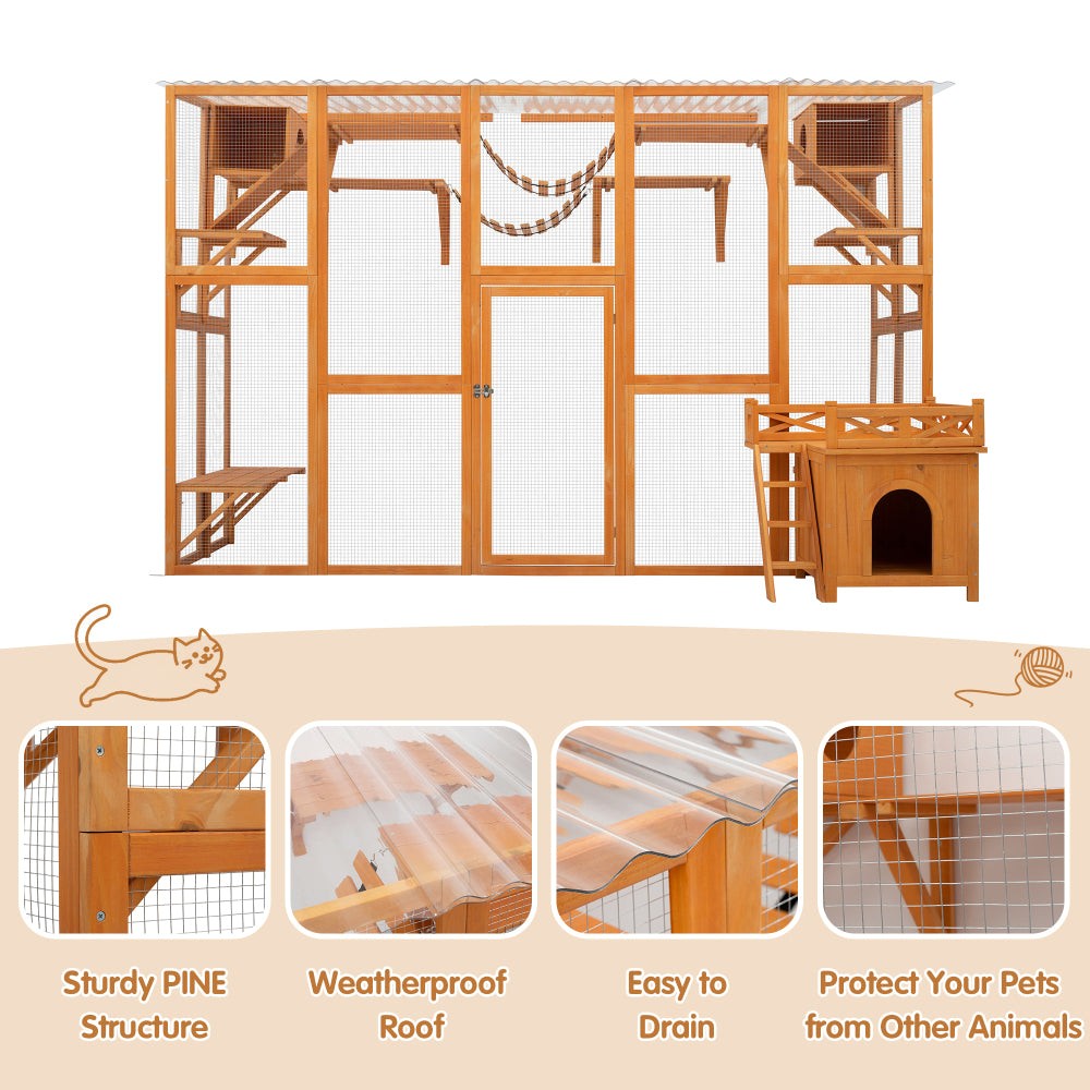 Weatherproof  Catio Outdoor Cat Enclosure, Outdoor Cat house, Natural Wood Playground, Natural Cat Shelf with Litter Box