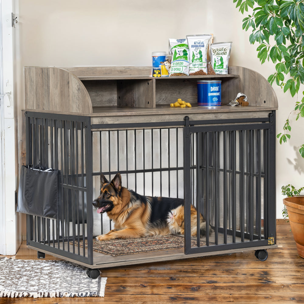 GO 44'' Heavy Duty Large Dog Crate Furniture for Large Medium Dog with Lockable Wheels, Wooden Dog Crate Dog Kennel, End Table Crate with Double layer storage, Gray