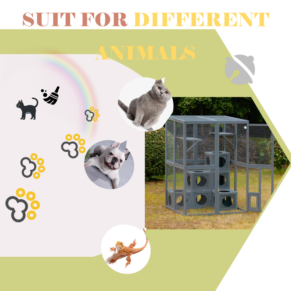 Catio Outdoor Cat Enclosure with Double Enter Doors, Grey Climbing shelves, Weatherproof  Pine Wood Playground with 7 Freely Combination Wood Boxes