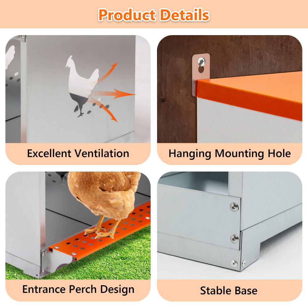 6-Bay Metal Nest Box-Wall Mount for Hens/Ducks, Easy Egg Collection & Assembly, Vented Galvanized Steel Coop Equipment Orange