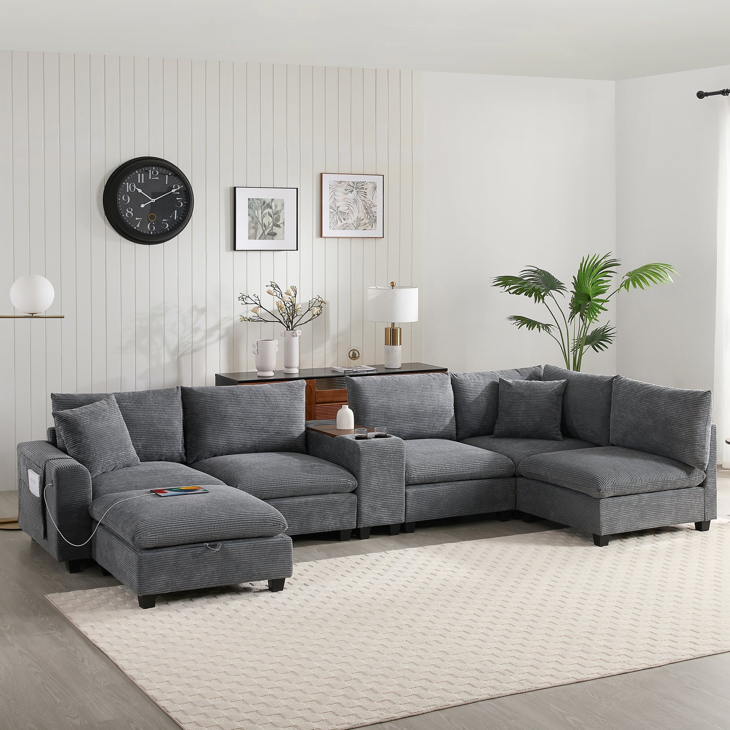 [VIDEO]140'' Oversized Modular Sectional Sofa with Movable Storage Ottoman and Console,Removable Storage Pockets,Cup Holder,Wide Seat,USB Charger,6 Seat U Shaped Corduroy Couch for Living Room,2 Color