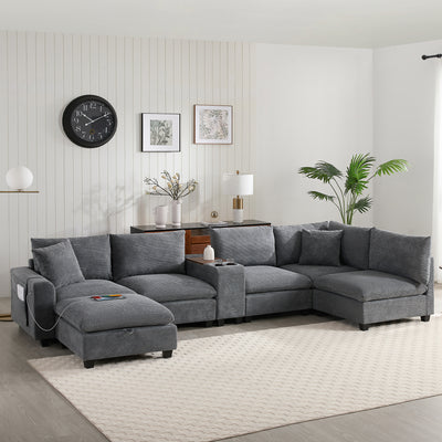 [VIDEO]140'' Oversized Modular Sectional Sofa with Movable Storage Ottoman and Console,Removable Storage Pockets,Cup Holder,Wide Seat,USB Charger,6 Seat U Shaped Corduroy Couch for Living Room,2 Color