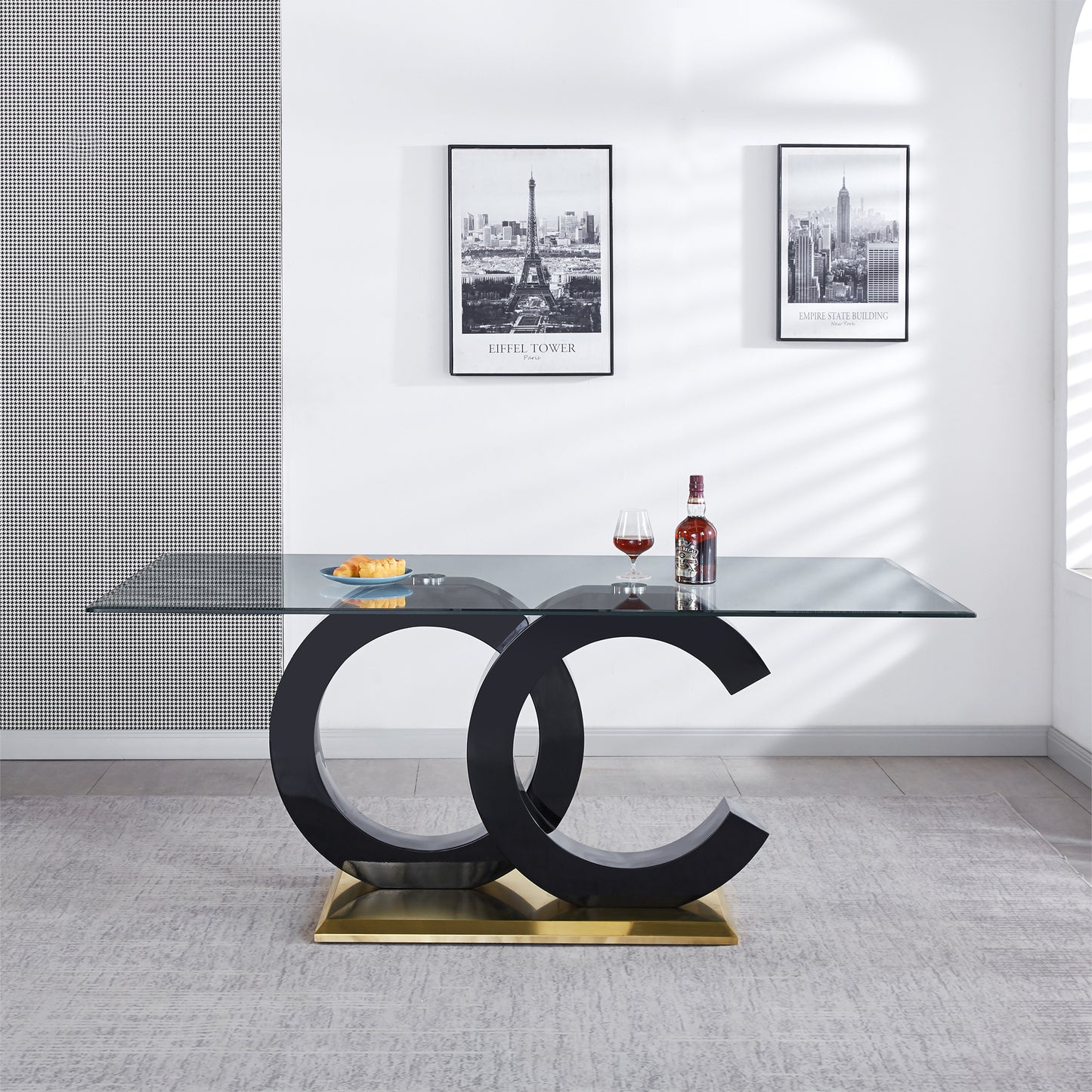 Tempered Glass Dining Table with Black MDF Middle Support and Stainless Steel Base for Modern Design