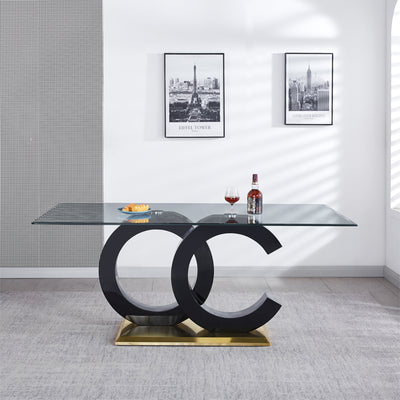 Tempered Glass Dining Table with Black MDF Middle Support and Stainless Steel Base for Modern Design