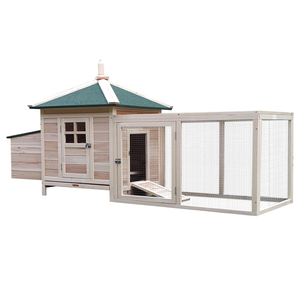 PawHut 77" Wooden Chicken Coop with Nesting Box, Cute Outdoor Hen House with Removable Tray, Ramp Run, for Garden Backyard, Natural