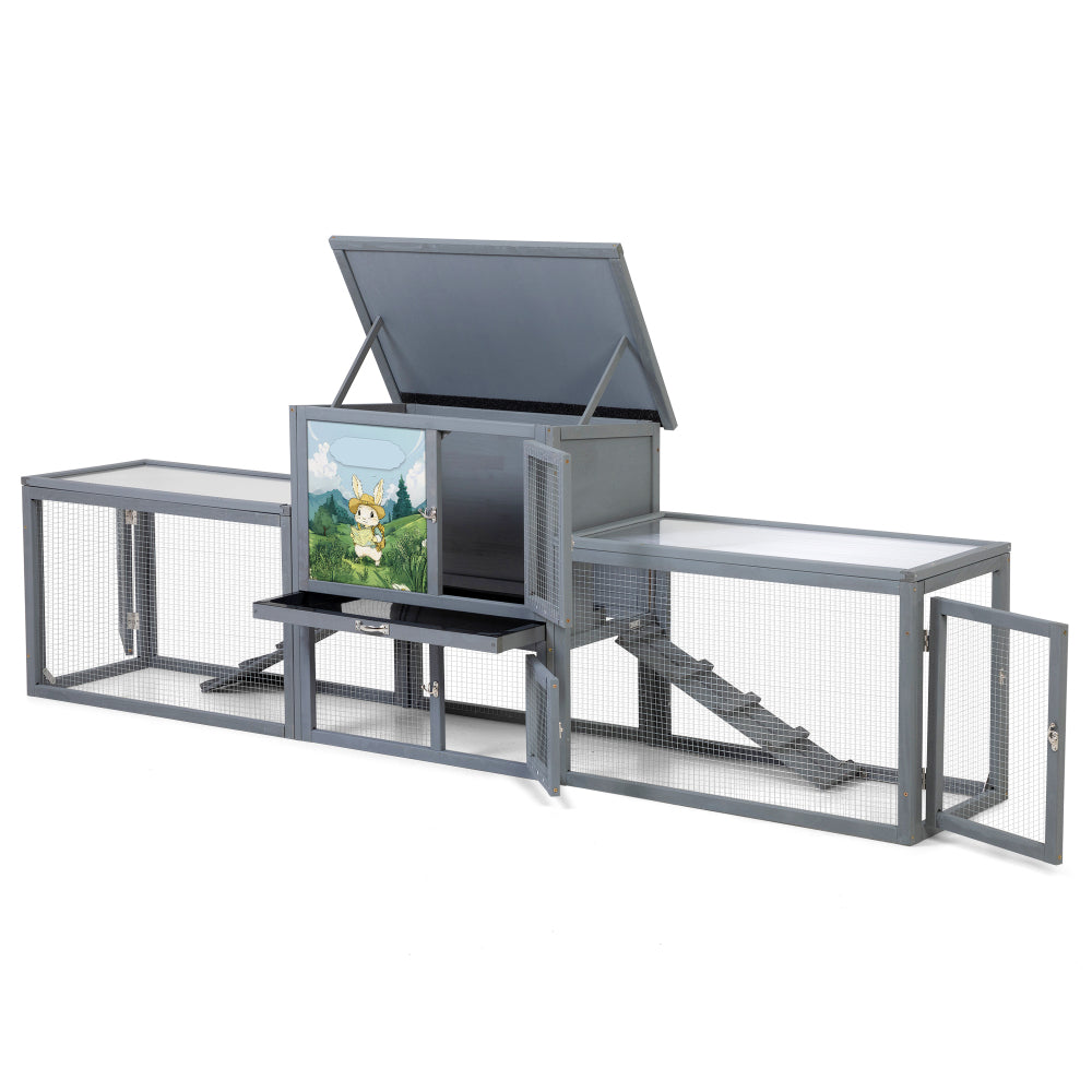 Large 2-Story Outdoor Rabbit Hutch, Bunny House with Dual Runs, Resting Room, PC Sun Roof, Pull-Out Tray, Ramps & Doors, Weatherproof Guinea Pig Cage Enclosure, Gray with Colorful Patterns