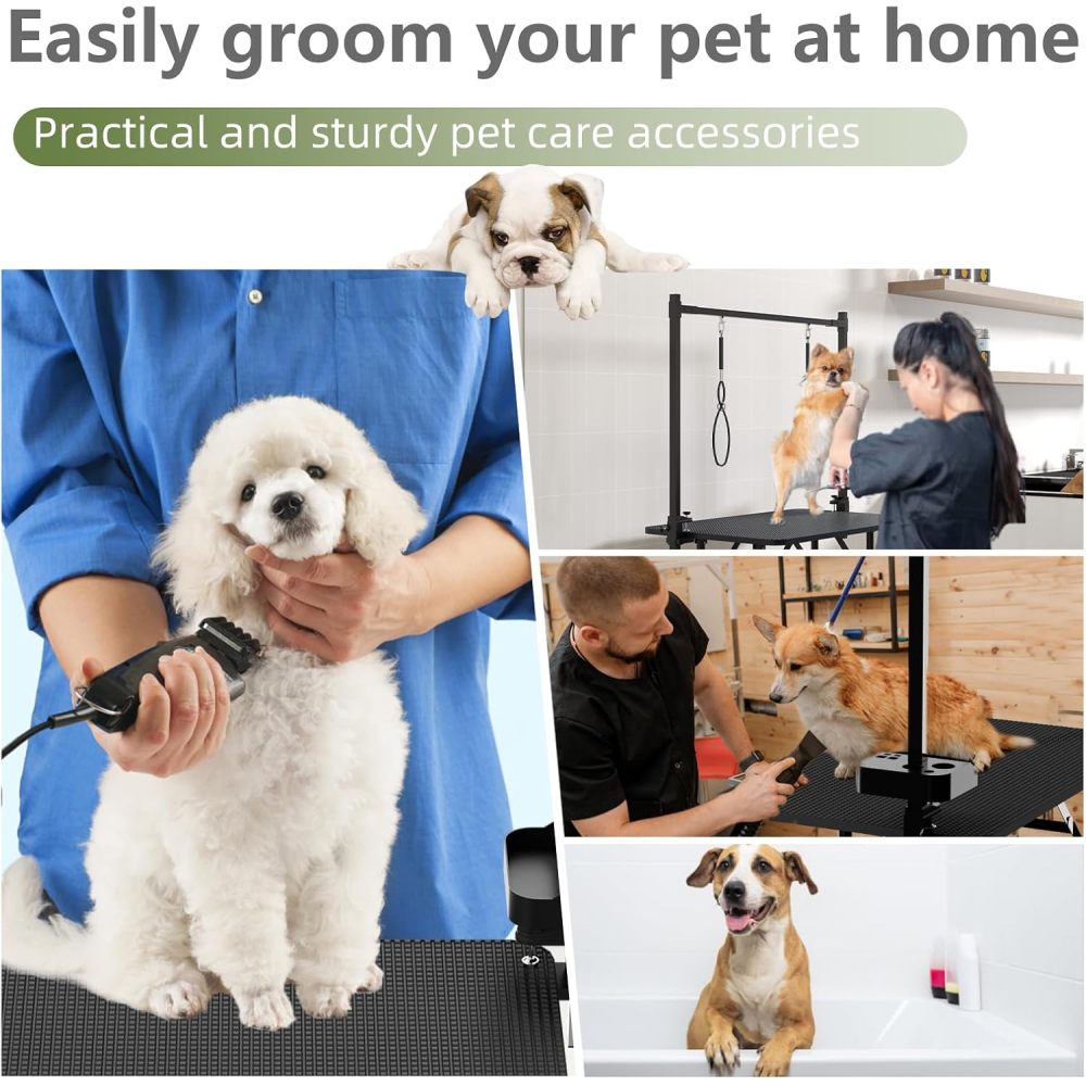 36''Large Dog Grooming Table, Foldable Pet Station at Home, Dog Grooming Table,Adjustable Cat Drying Desktop with Arms, Nooses, Mesh Tray (36Inch Pet Grooming Table Black)