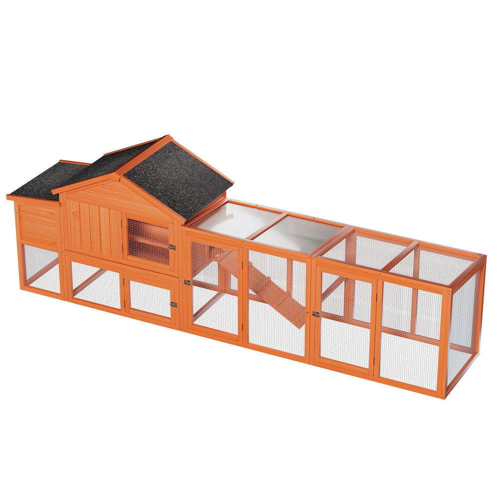 113.5" Large Wooden Chicken Coop Outdoor Hen House with Run, Waterproof Roof & Nesting Box, Secure Lock, Removable Tray, Ramp & Perch for 2–4 Chickens or Small Pets