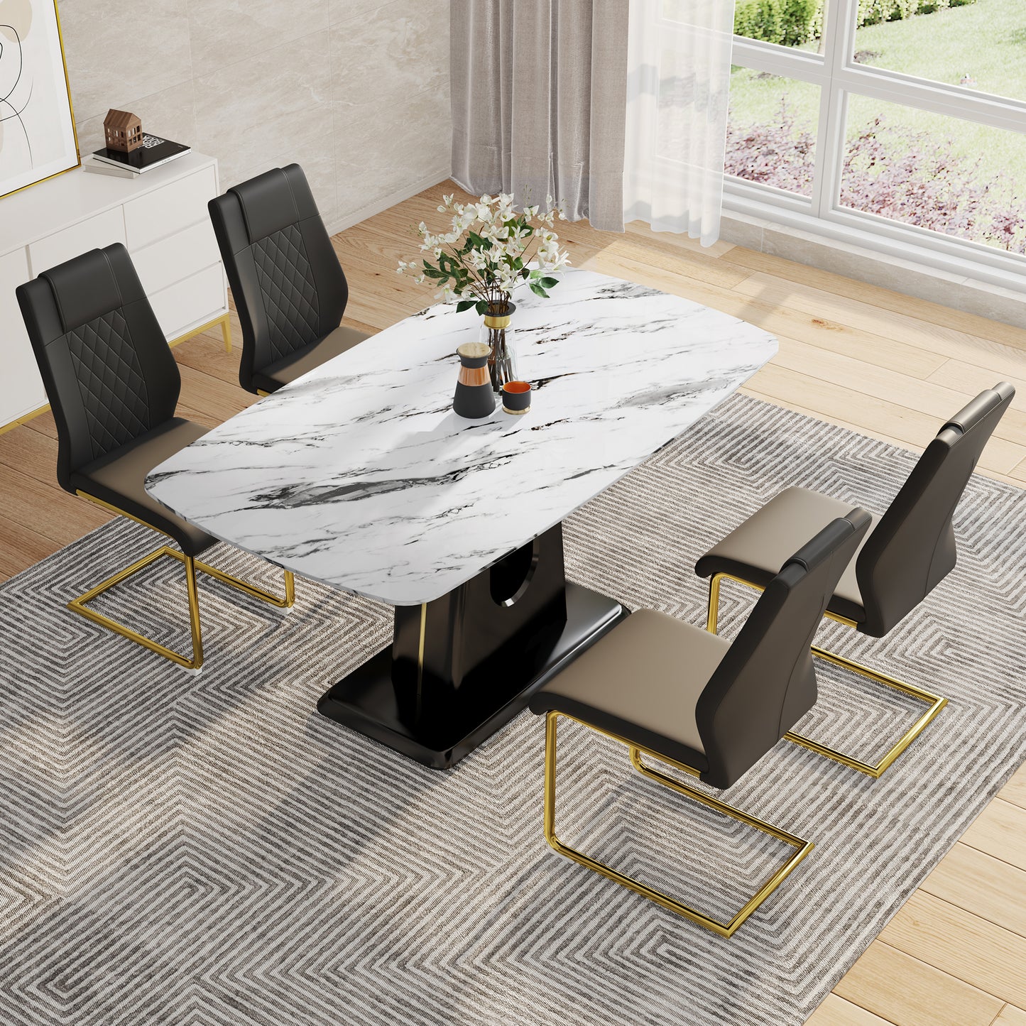Table and chair set, modern and minimalist dining table, imitation marble patterned tabletop, MDF legs with U-shaped brackets. Paired with comfortable chairs, suitable for dining and living rooms.