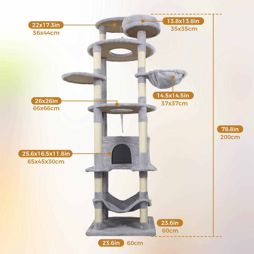 78.8 in Light Gray Cat Tree Tower with Wide Base, Large Condo,  12 Sisal Scratching Post, Big Hammock,  Large Top Platform, Many landing Perch and Interactive toy