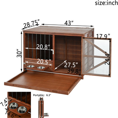 43" Solid Wood Dog Crate Furniture, Foldable Indoor Kennel with 360° Rotating Feeder Multi-Functional End Table for Small & Medium Dogs, Portable Pet Cage with Removable Tray & Easy Assembly