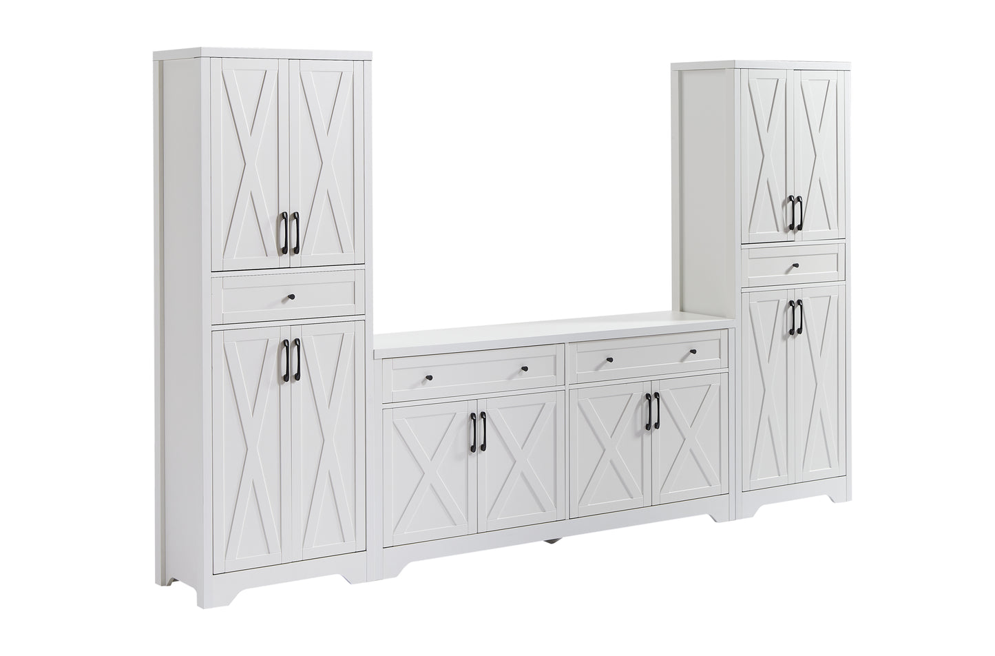 TV Cabinet Set Multifunctional TV Wall, One TV Cabinet and Two Sideboards for Living Room, White,  108.7''L x 15''W x 68''H.